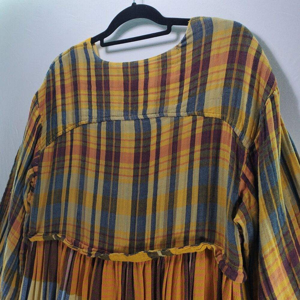 M Urban Outfitters Plaid Tunic Mini Dress Long Sleeve Yellow Black V Neck - Picture 12 of 13